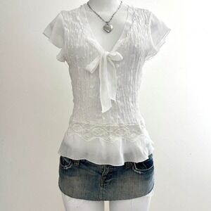 Babydoll lace white smocked tie front boho blouse